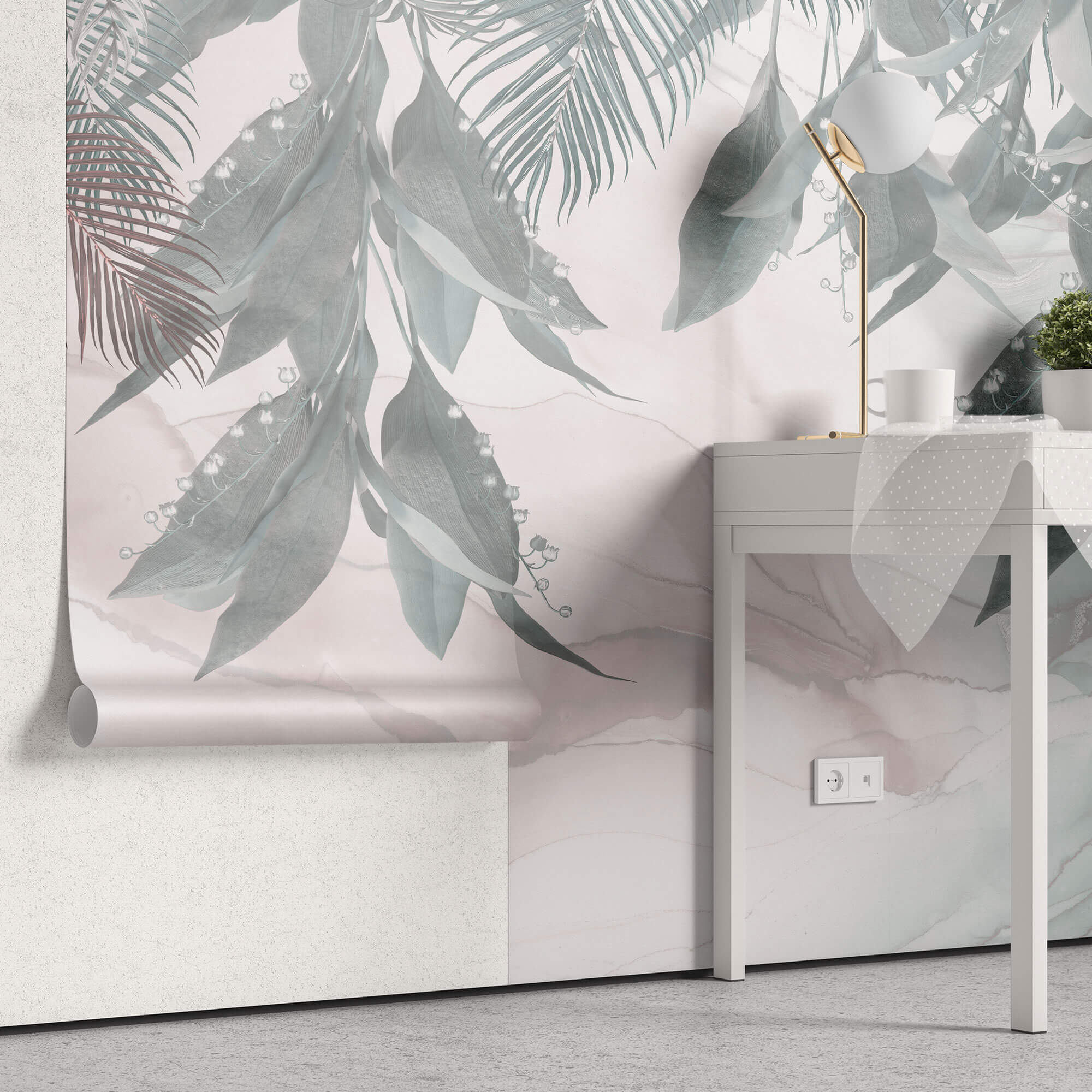 Tapet Personalizat Leaf cu frunze si flori de margaritar pe un fundal de marmura pastel - LILY OF THE VALLEY
