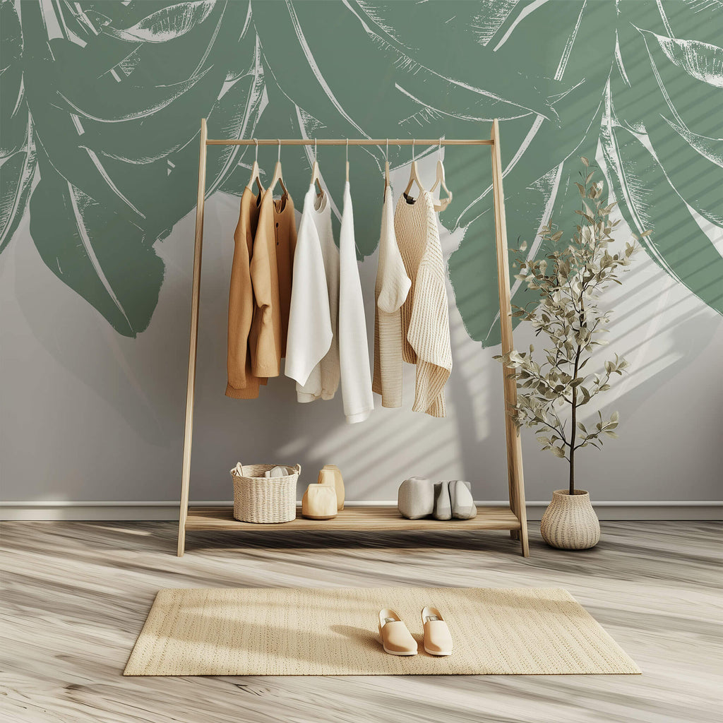 Tapet Personalizat Leaf cu frunze de bananier abstracte verzi - PLAIN GREEN LEAVES