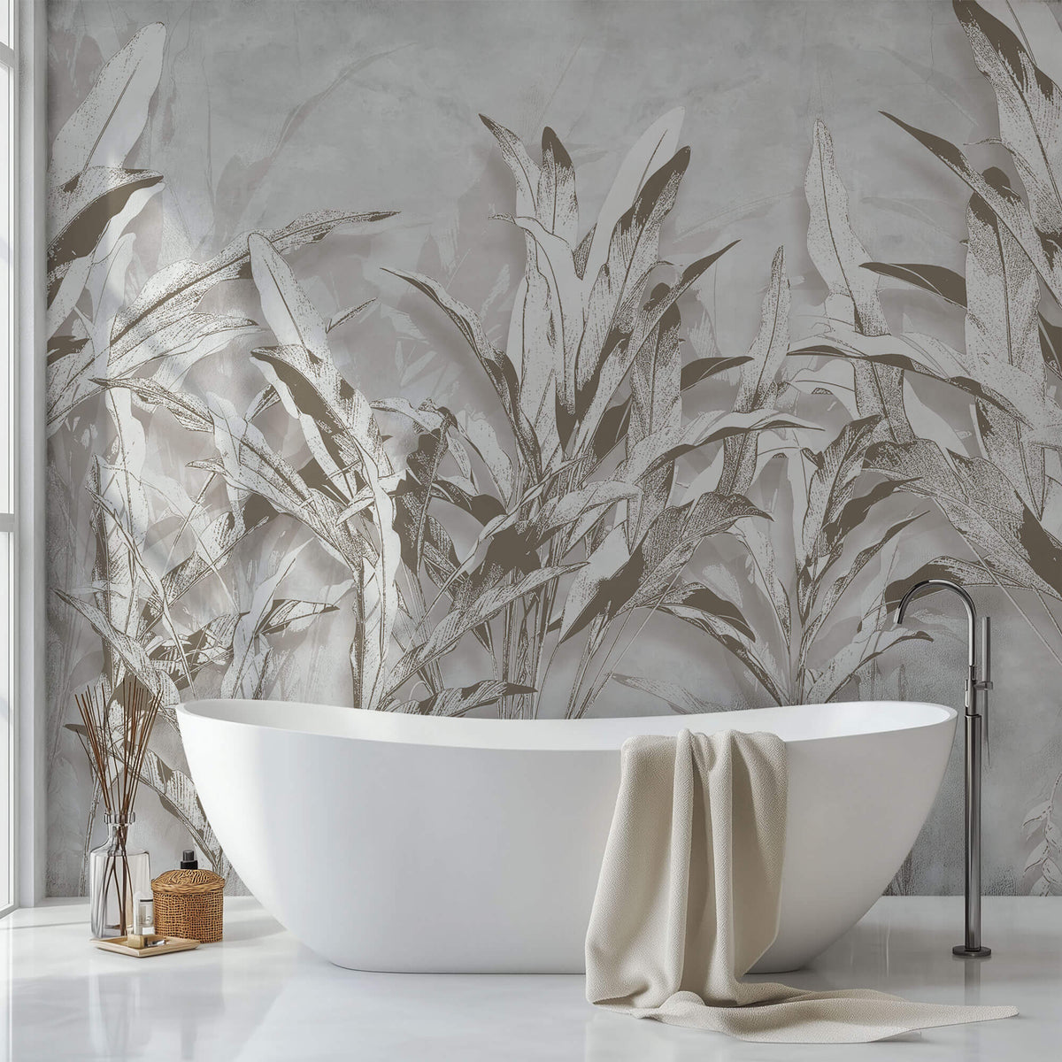 Tapet Personalizat Leaf cu bananieri in nuante de gri - BEIGE LEAF COLLAGE