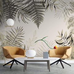 Tapet Personalizat Leaf cu plante tropicale in nuante de bej - OUTLINED LEAVES