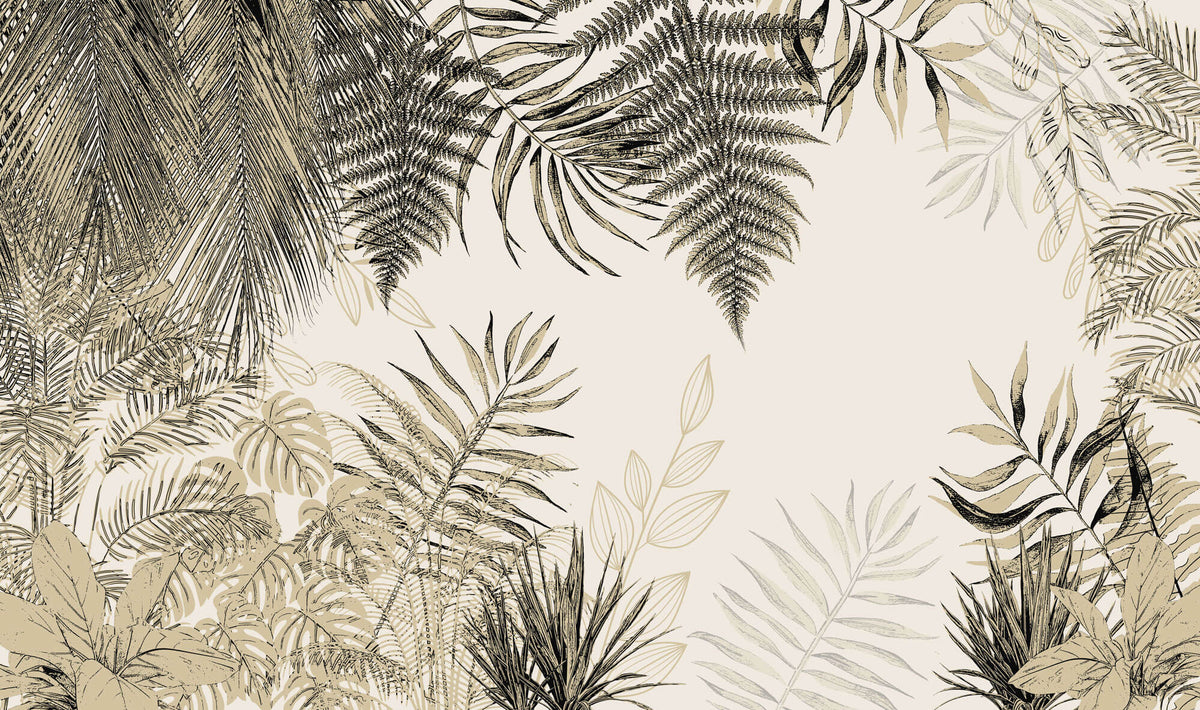 Tapet Personalizat Leaf cu plante tropicale in nuante de bej - OUTLINED LEAVES