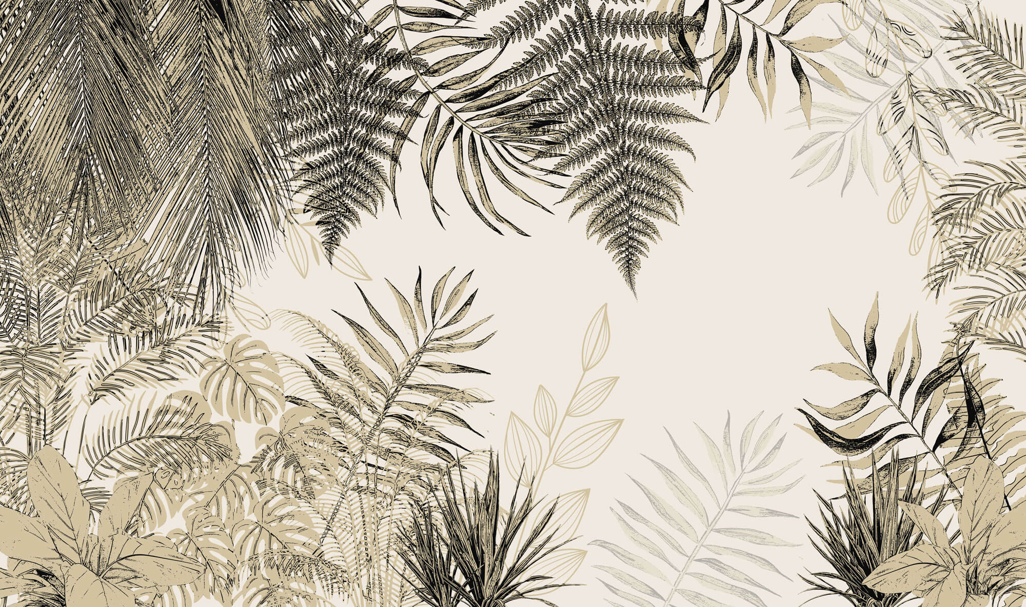 Tapet Personalizat Leaf cu plante tropicale in nuante de bej - OUTLINED LEAVES