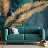 Tapet Personalizat Leaf cu frunze tropicale in nuante aramii pe un fundal turcoaz - TURQUOISE GOLD LEAF