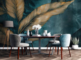 Tapet Personalizat Leaf cu frunze tropicale in nuante aramii pe un fundal turcoaz - TURQUOISE GOLD LEAF