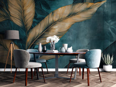 Tapet Personalizat Leaf cu frunze tropicale in nuante aramii pe un fundal turcoaz - TURQUOISE GOLD LEAF