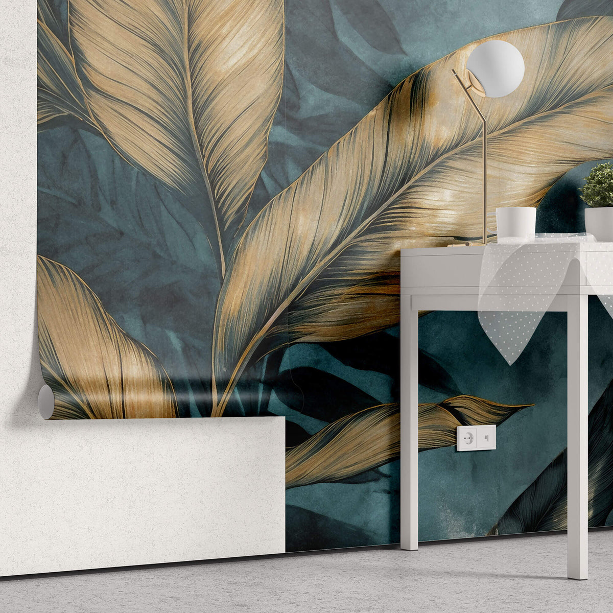 Tapet Personalizat Leaf cu frunze tropicale in nuante aramii pe un fundal turcoaz - TURQUOISE GOLD LEAF