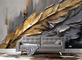 Tapet Personalizat Leaf cu pene in pictura acrilica in nuante aurii si gri - ACRYLIC GOLDEN FEATHER