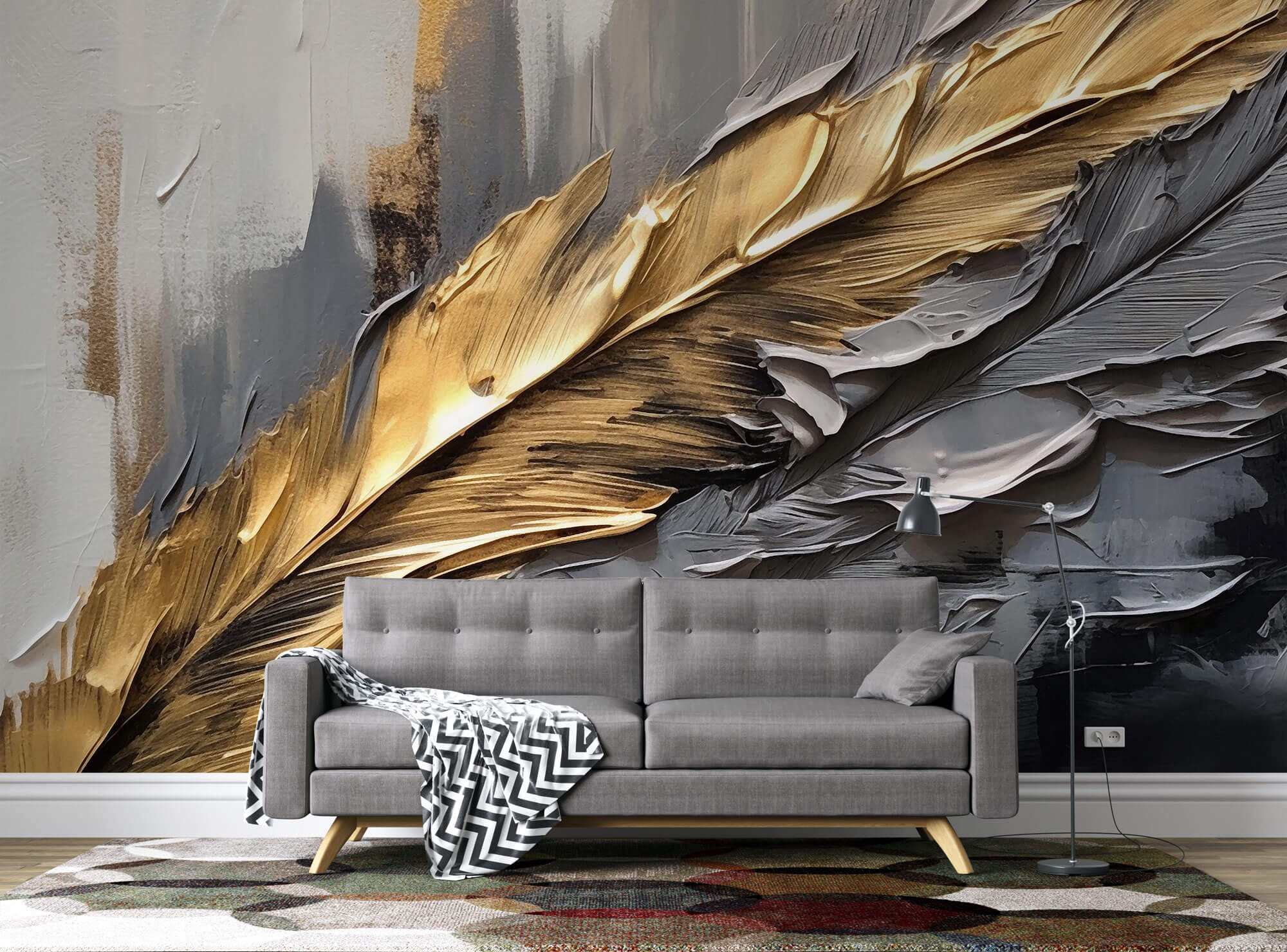 Tapet Personalizat Leaf cu pene in pictura acrilica in nuante aurii si gri - ACRYLIC GOLDEN FEATHER