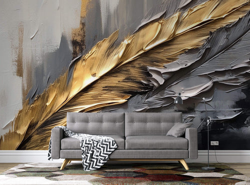 Tapet Personalizat Leaf cu pene in pictura acrilica in nuante aurii si gri - ACRYLIC GOLDEN FEATHER