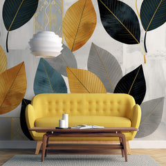 Tapet Personalizat Leaf cu frunze in nuante de galben albastru si negru - MOSAIQUE LEAVES