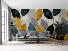 Tapet Personalizat Leaf cu frunze in nuante de galben albastru si negru - MOSAIQUE LEAVES