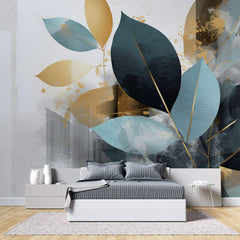 Tapet Personalizat Leaf cu frunze in nuante de albastru si auriu - SIMPLY BLUE