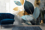 Tapet Personalizat Leaf cu frunze in nuante de albastru si auriu - SIMPLY BLUE