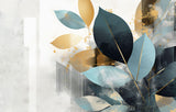 Tapet Personalizat Leaf cu frunze in nuante de albastru si auriu - SIMPLY BLUE