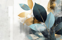 Tapet Personalizat Leaf cu frunze in nuante de albastru si auriu - SIMPLY BLUE