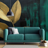 Tapet Personalizat Leaf cu frunze aurii pe un fundal acrilic pictat in nuante de verde - CANVAS PAINTED LEAVES