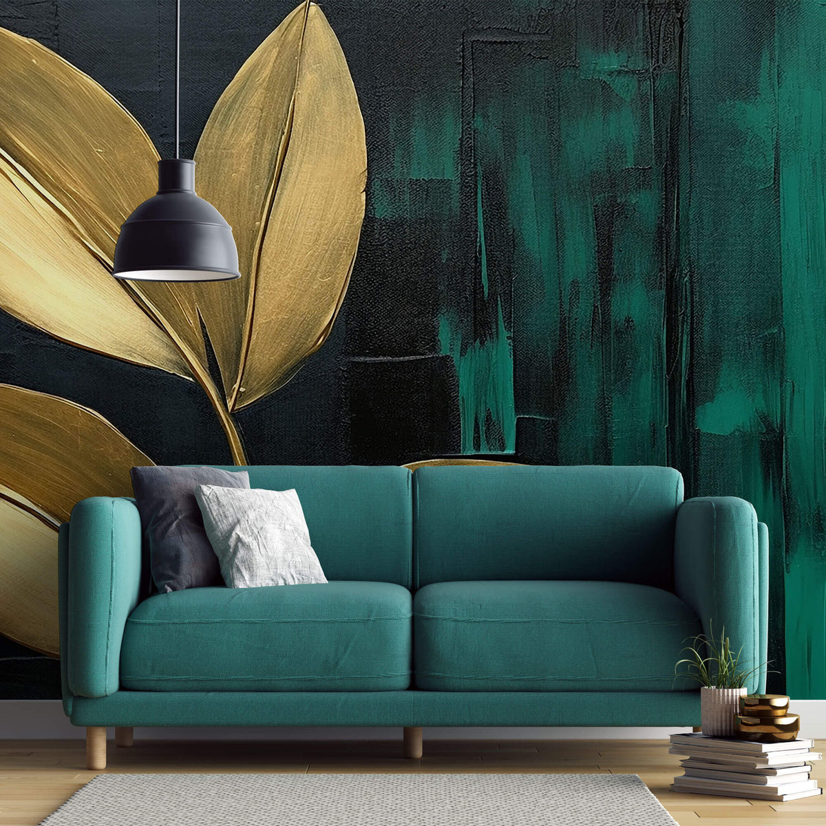 Tapet Personalizat Leaf cu frunze aurii pe un fundal acrilic pictat in nuante de verde - CANVAS PAINTED LEAVES
