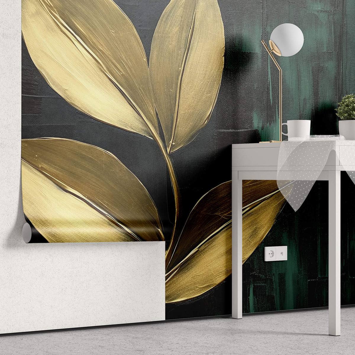 Tapet Personalizat Leaf cu frunze aurii pe un fundal acrilic pictat in nuante de verde - CANVAS PAINTED LEAVES
