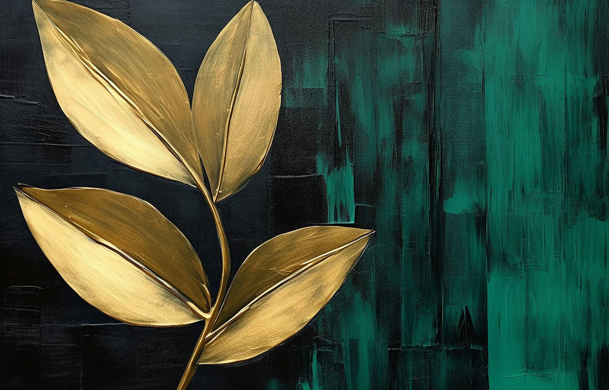 Tapet Personalizat Leaf cu frunze aurii pe un fundal acrilic pictat in nuante de verde - CANVAS PAINTED LEAVES