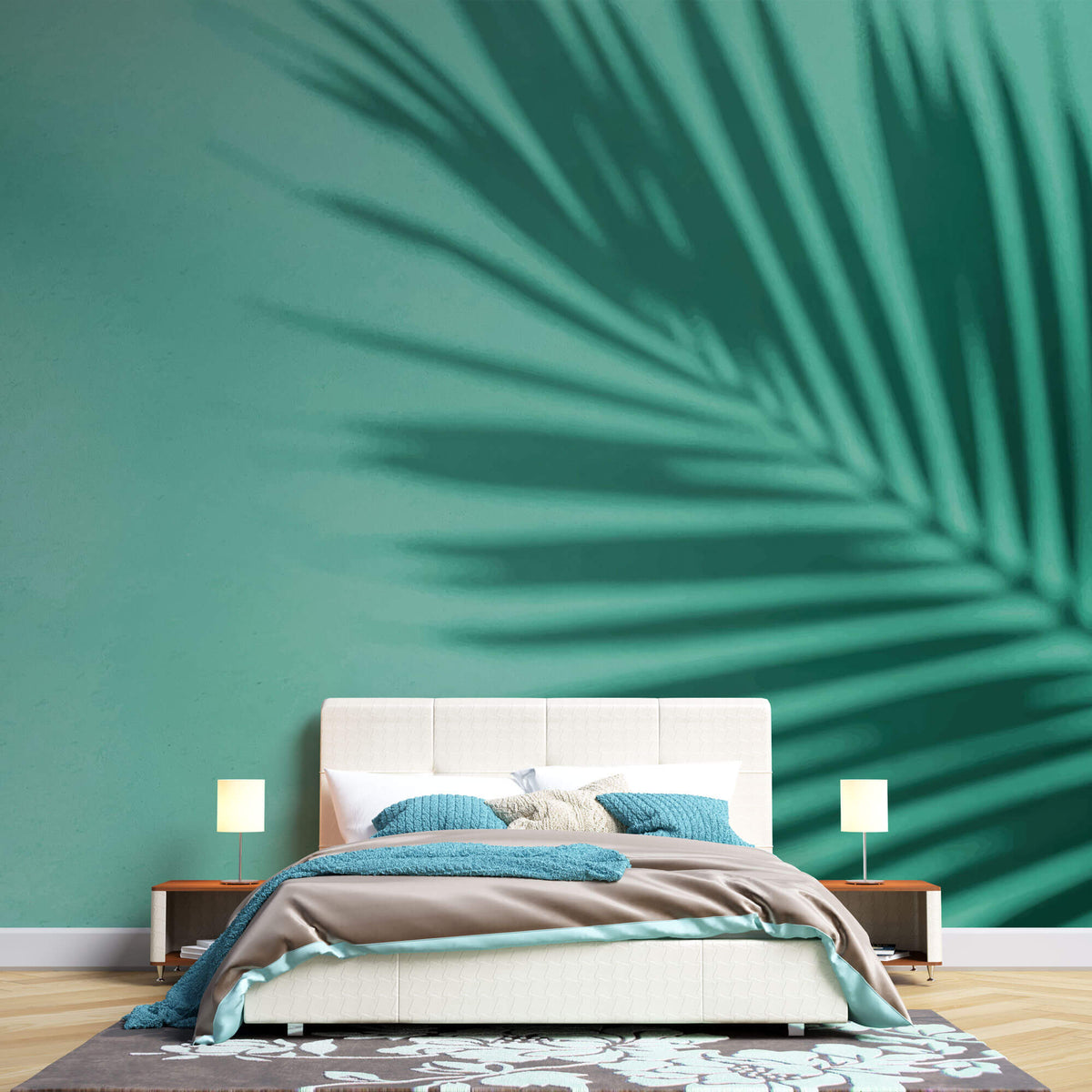 Tapet Personalizat Leaf cu umbra de frunza de palmier pe un fundal verde marin - MINTY PALM