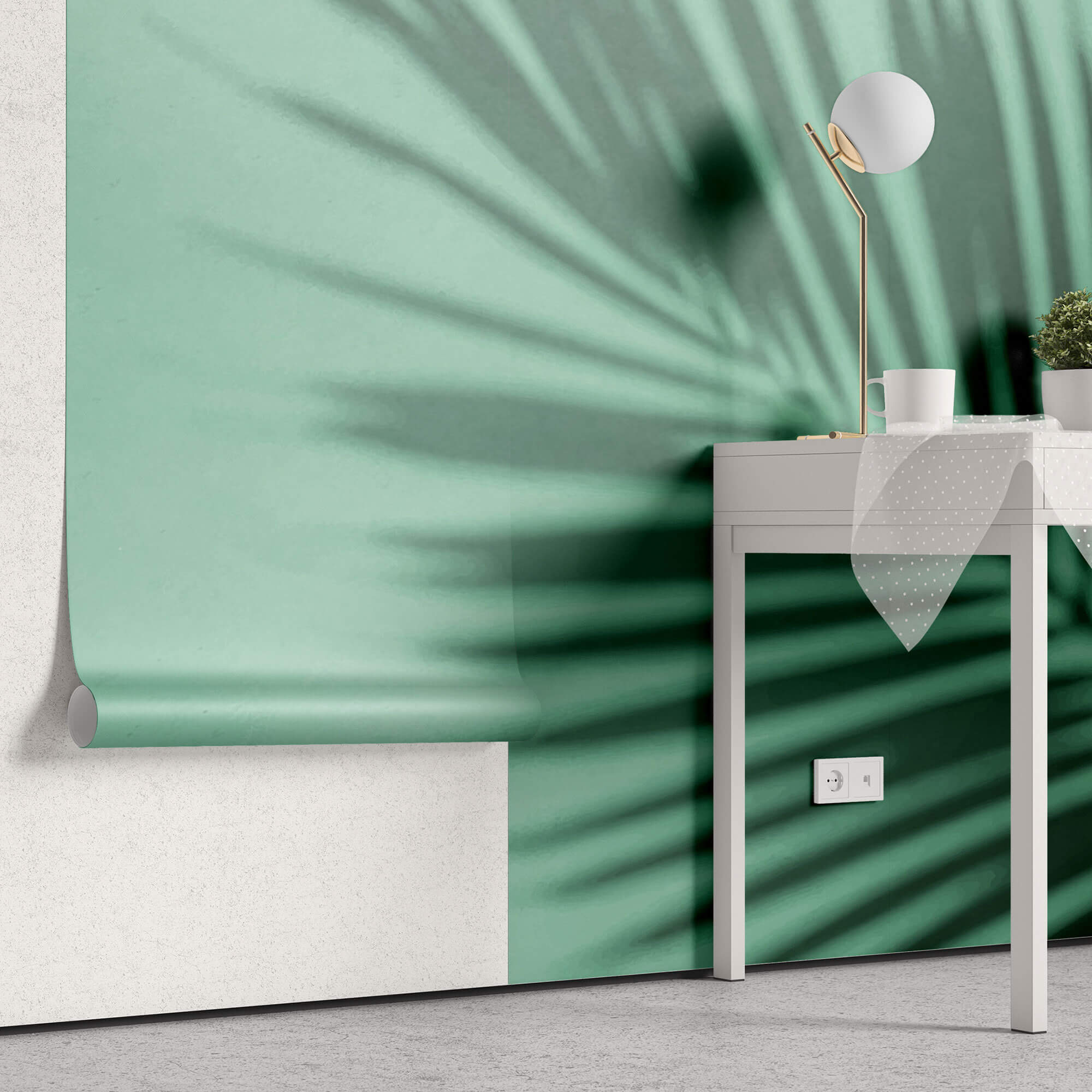 Tapet Personalizat Leaf cu umbra de frunza de palmier pe un fundal verde marin - MINTY PALM