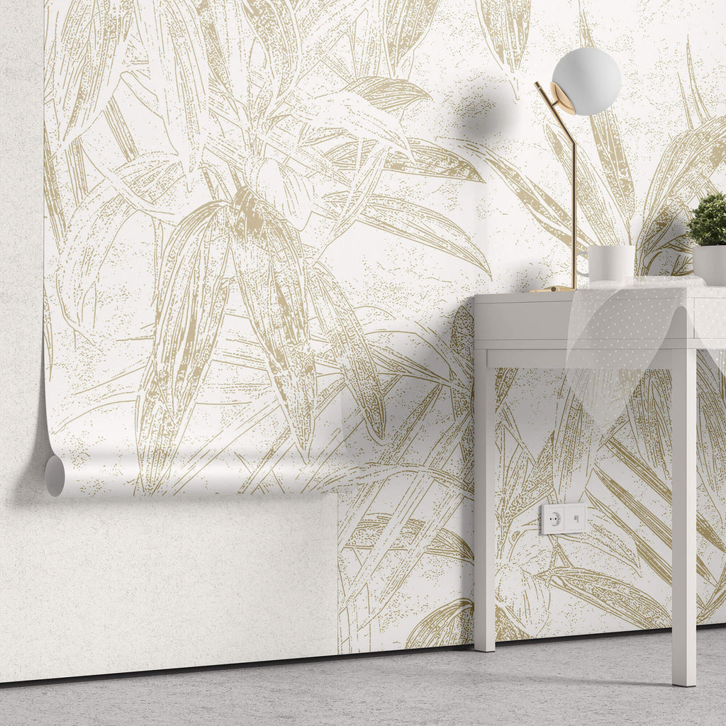 Tapet Personalizat Leaf cu frunze abstracte de bambus in nuante de bej - DOT ABSTRACT LEAVES