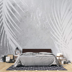 Tapet Personalizat Leaf cu frunde de palmier albe pe un fundal gri watercolor - GREY WHITE PALM