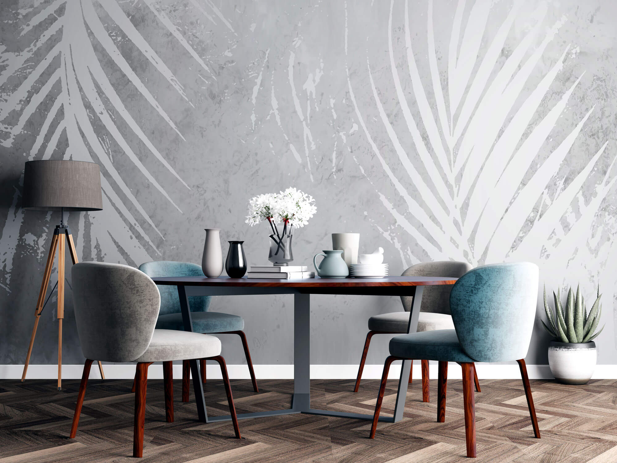 Tapet Personalizat Leaf cu frunde de palmier albe pe un fundal gri watercolor - GREY WHITE PALM