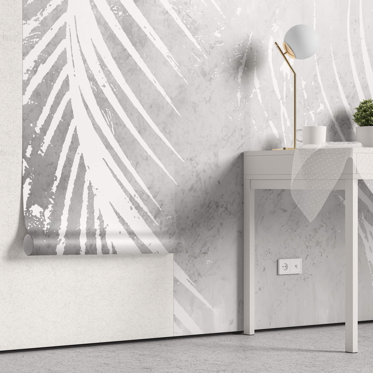 Tapet Personalizat Leaf cu frunde de palmier albe pe un fundal gri watercolor - GREY WHITE PALM