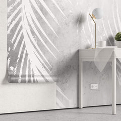 Tapet Personalizat Leaf cu frunde de palmier albe pe un fundal gri watercolor - GREY WHITE PALM