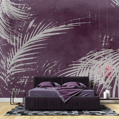 Tapet Personalizat Leaf cu frunze de palmier gri pe un fundal mov texturat - PURPLE INFUSED PALM