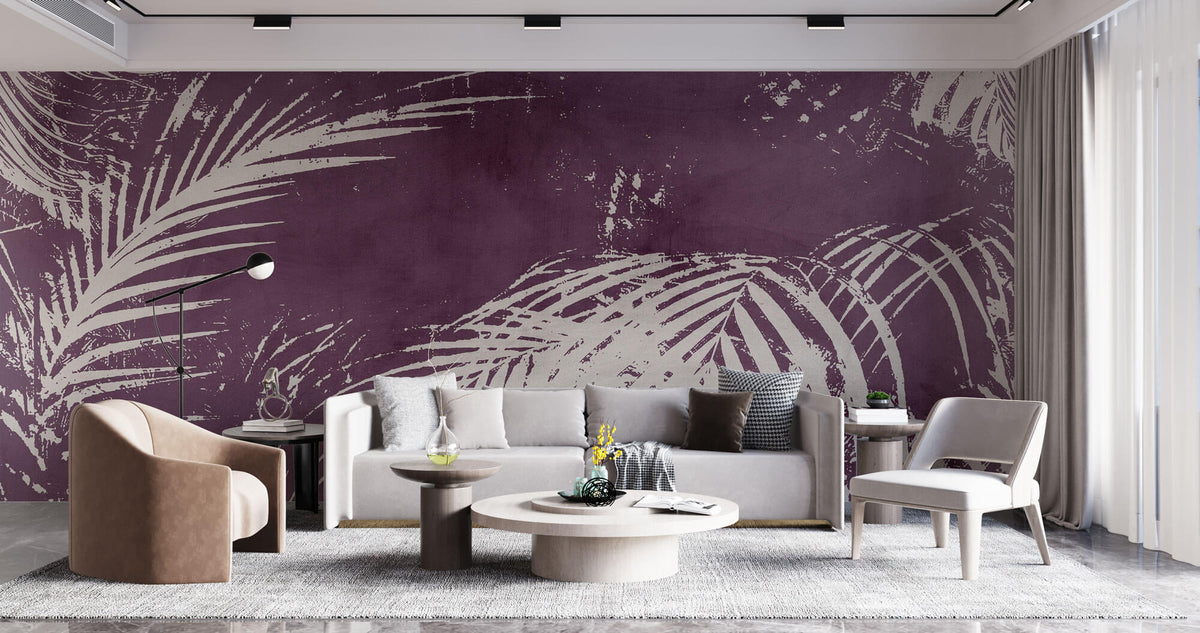 Tapet Personalizat Leaf cu frunze de palmier gri pe un fundal mov texturat - PURPLE INFUSED PALM