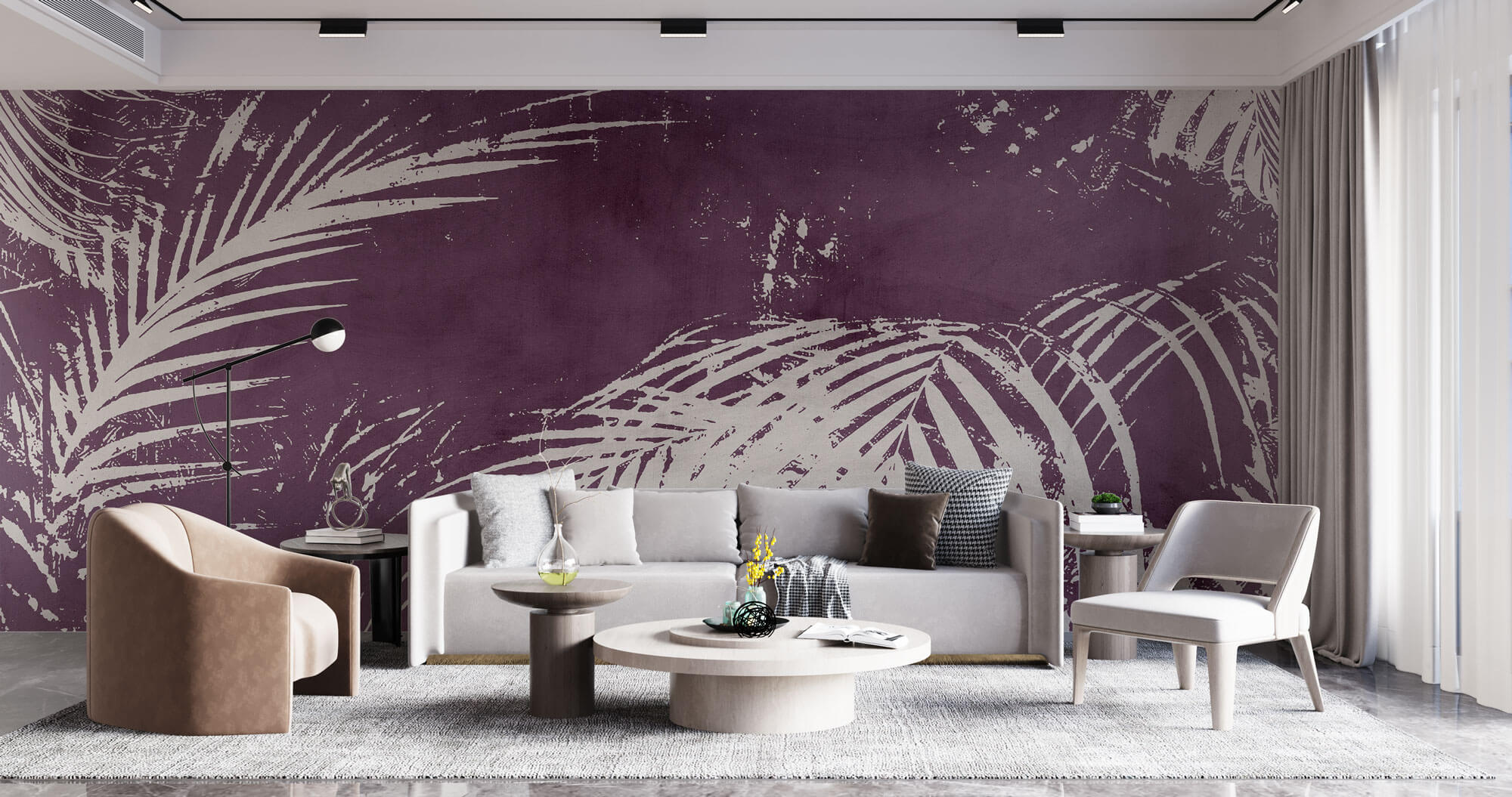 Tapet Personalizat Leaf cu frunze de palmier gri pe un fundal mov texturat - PURPLE INFUSED PALM