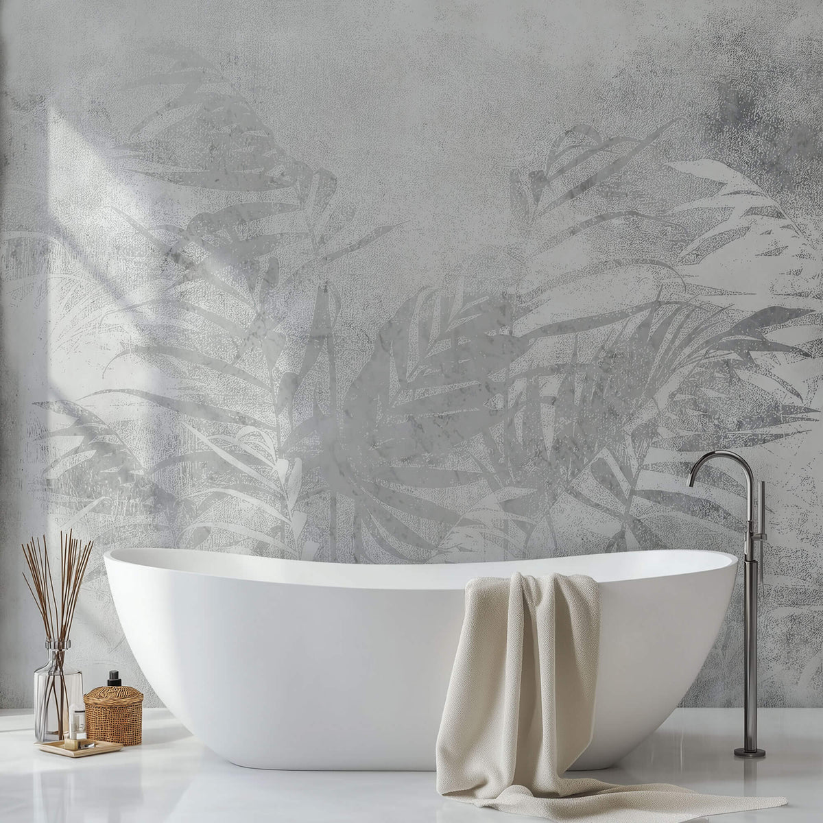 Tapet Personalizat Leaf cu plante tropicale in nuante de gri - CALM ABSTRACT BAMBOO