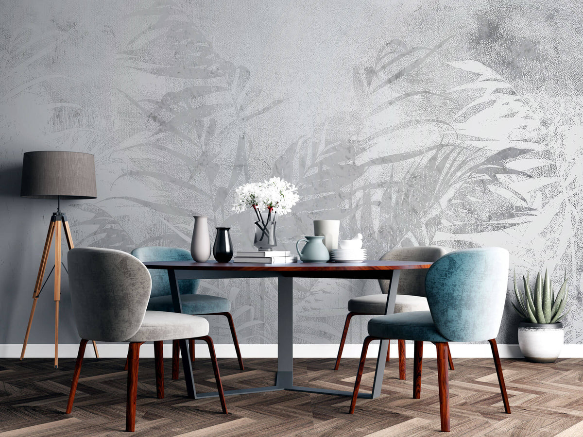 Tapet Personalizat Leaf cu plante tropicale in nuante de gri - CALM ABSTRACT BAMBOO