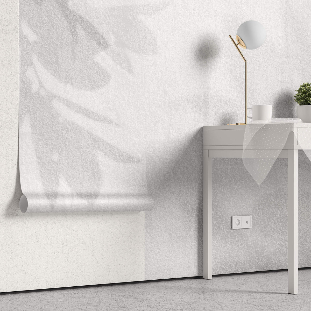 Tapet Personalizat Leaf cu umbre de frunze pe un perete alb texturat - STUCCO SHADOWS