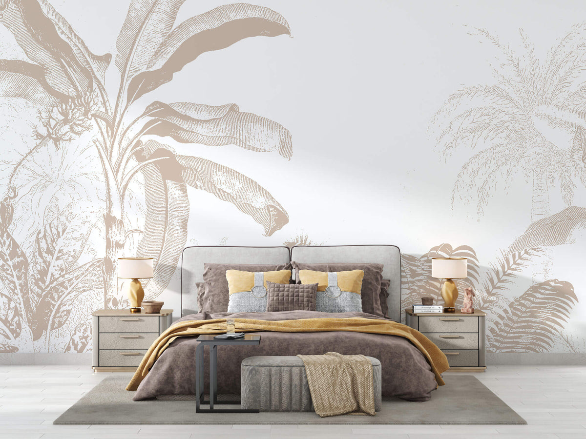 Tapet Personalizat Leaf cu plante tropicale bej pe un fundal alb - TROPICAL BEIGE ABSTRACT