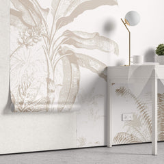 Tapet Personalizat Leaf cu plante tropicale bej pe un fundal alb - TROPICAL BEIGE ABSTRACT