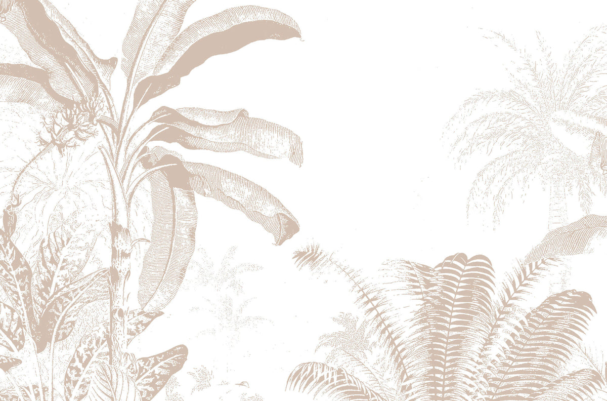 Tapet Personalizat Leaf cu plante tropicale bej pe un fundal alb - TROPICAL BEIGE ABSTRACT