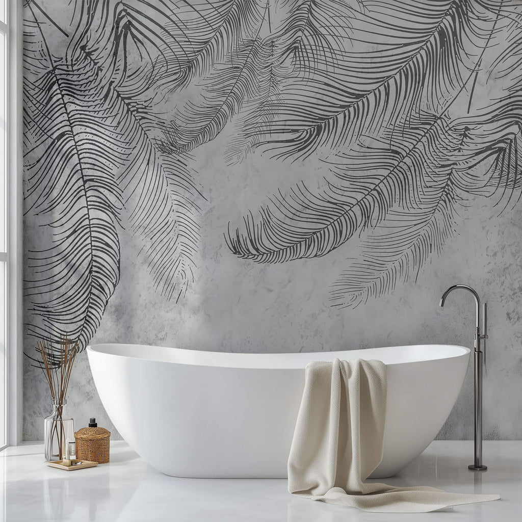 Tapet Personalizat Leaf cu frunze de palmier abstracte in nuante de gri - THIN PALM LEAVES