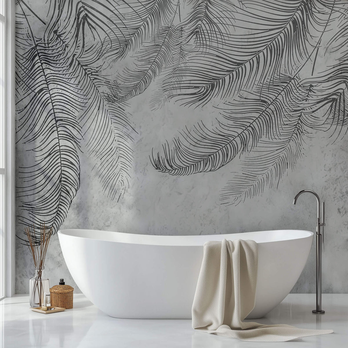 Tapet Personalizat Leaf cu frunze de palmier abstracte in nuante de gri - THIN PALM LEAVES