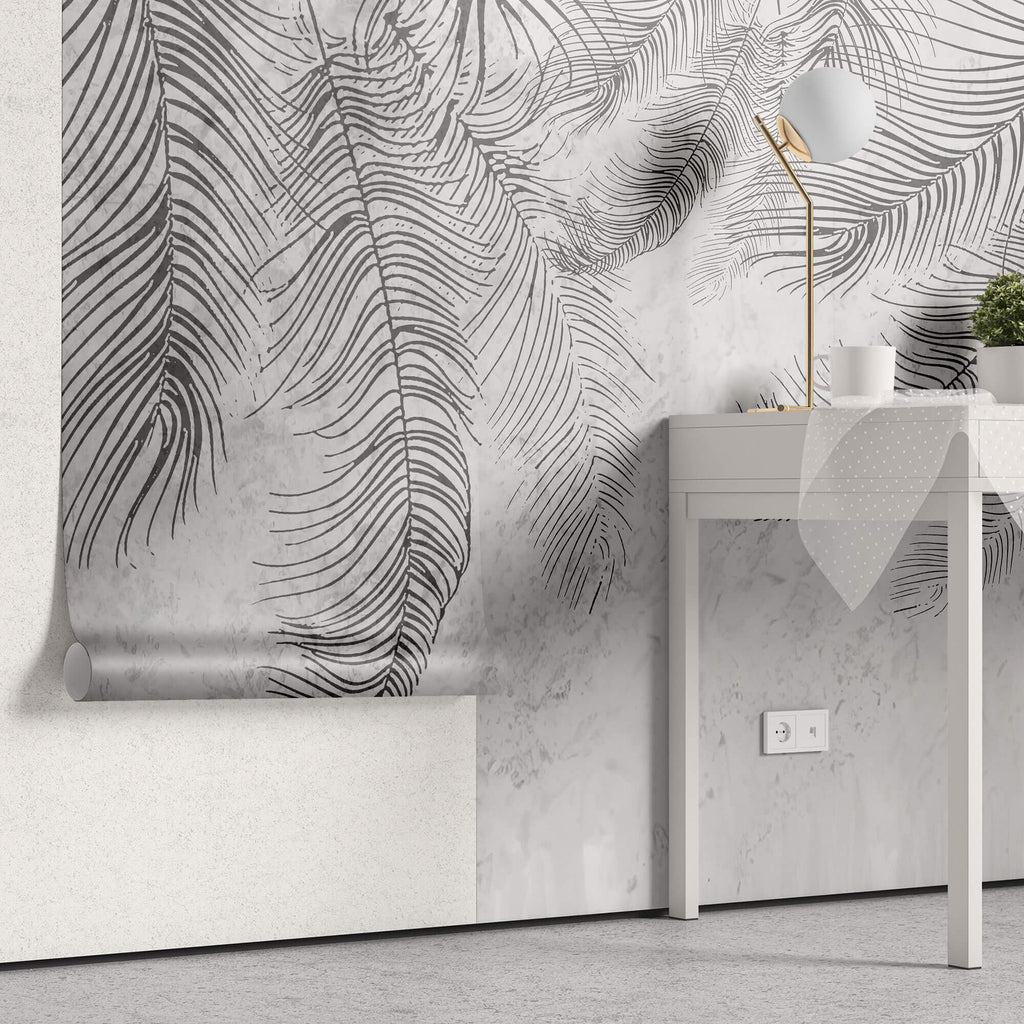 Tapet Personalizat Leaf cu frunze de palmier abstracte in nuante de gri - THIN PALM LEAVES