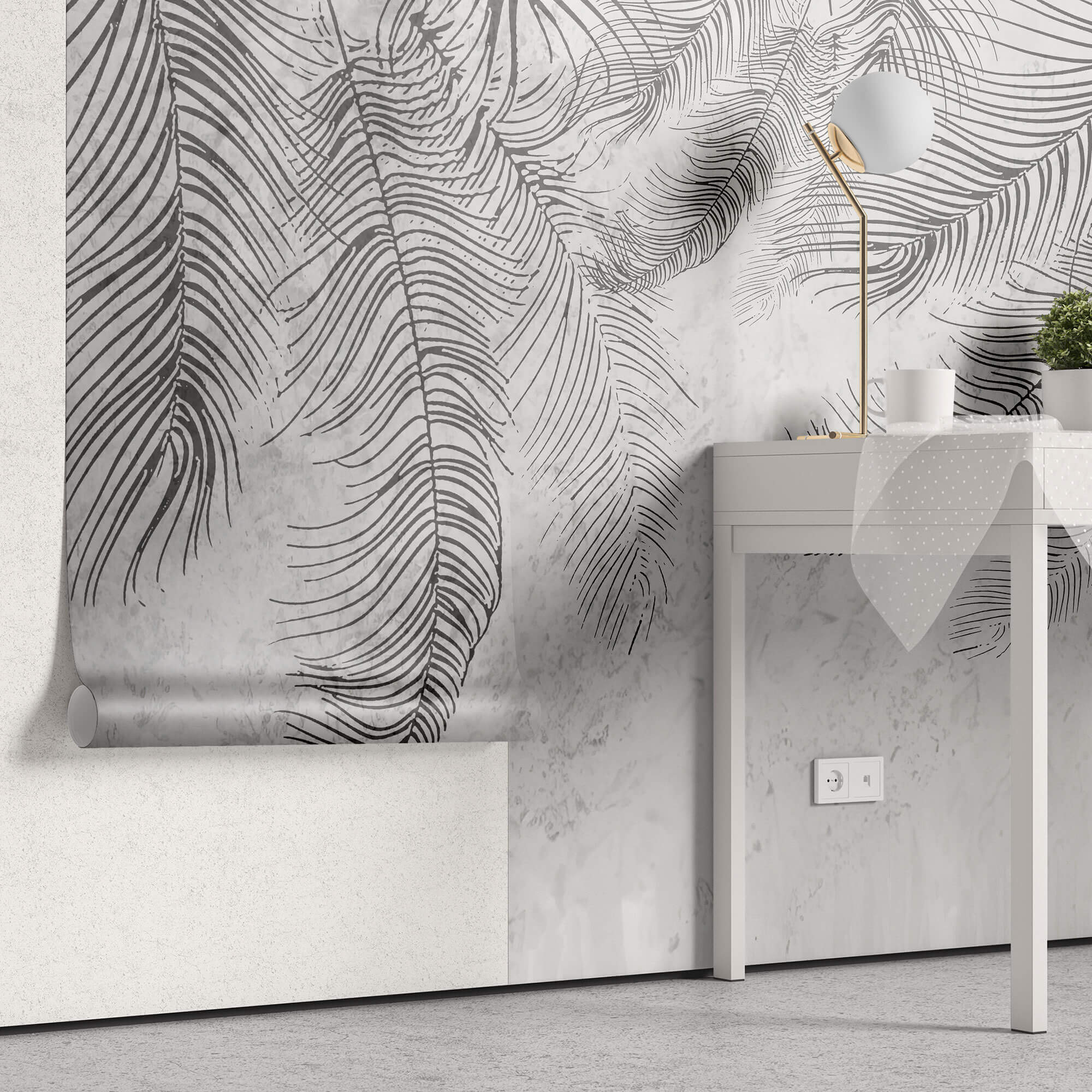 Tapet Personalizat Leaf cu frunze de palmier abstracte in nuante de gri - THIN PALM LEAVES