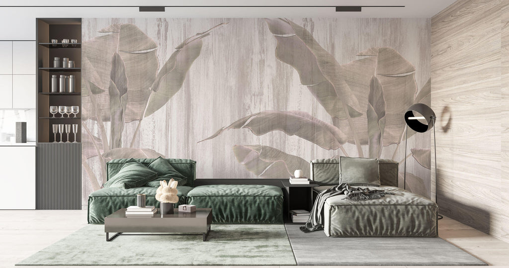 Tapet Personalizat Leaf cu bananieri intr-un fundal gri texturat - PINKY BANANA TREES