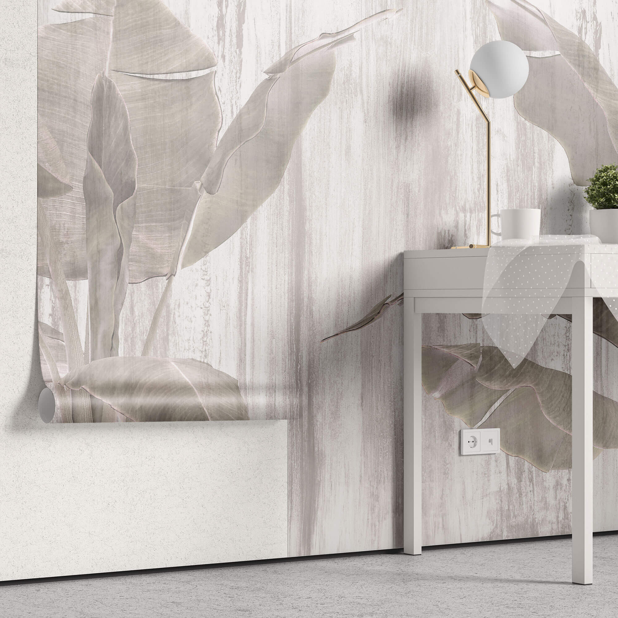 Tapet Personalizat Leaf cu bananieri intr-un fundal gri texturat - PINKY BANANA TREES