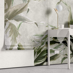 Tapet Personalizat Leaf cu plante verzi pe un fundal gri texturat - GREEN DRACAENA