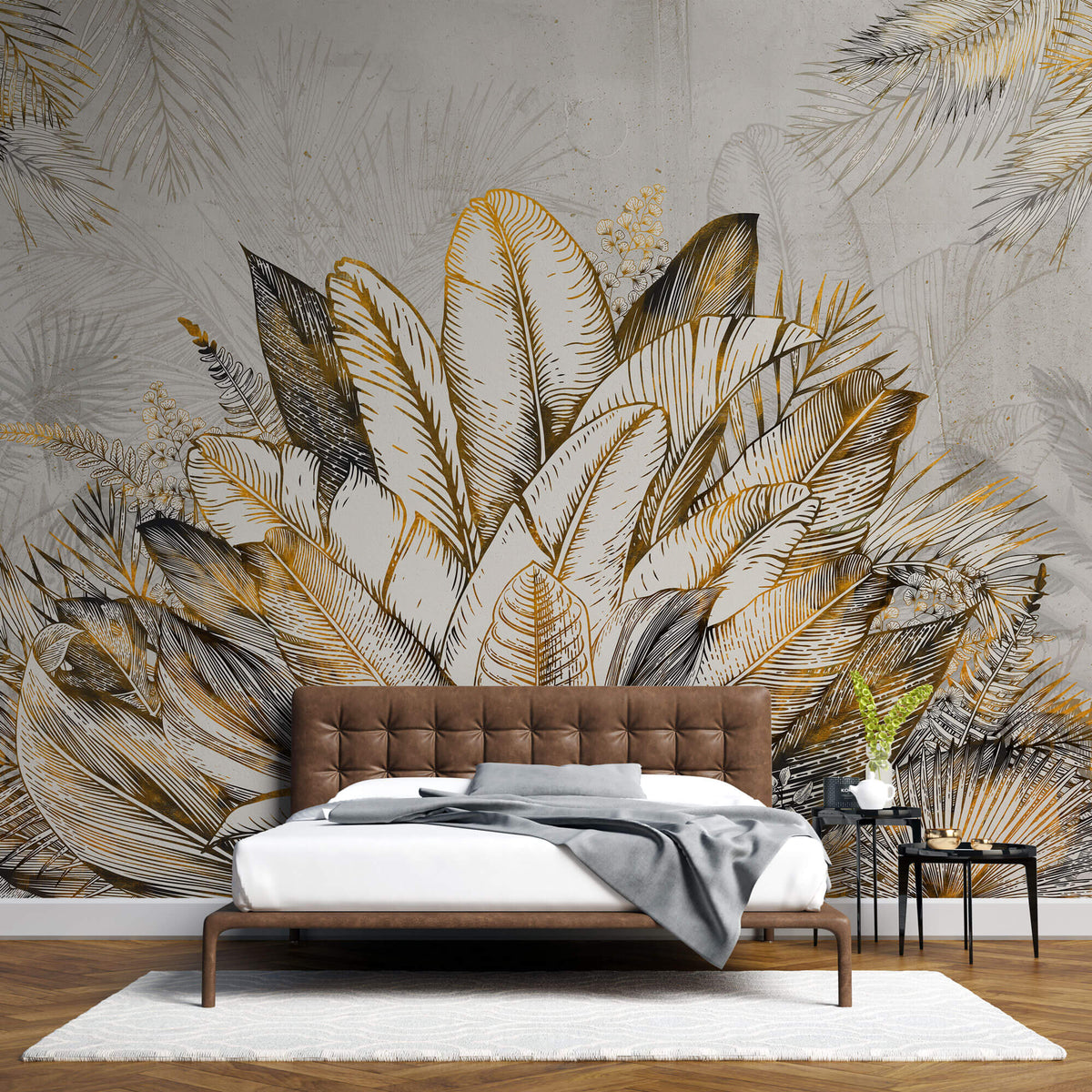 Tapet Personalizat Leaf cu plante tropicale in nuante de galben si portocaliu - FIRE TROPICAL LEAVES