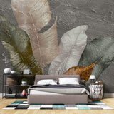 Tapet Personalizat Leaf cu pene colorate pe un fundal texturat stucco - STUCCO FEATHERS UP