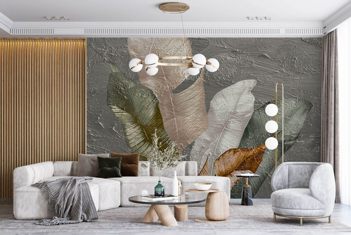 Tapet Personalizat Leaf cu pene colorate pe un fundal texturat stucco - STUCCO FEATHERS UP