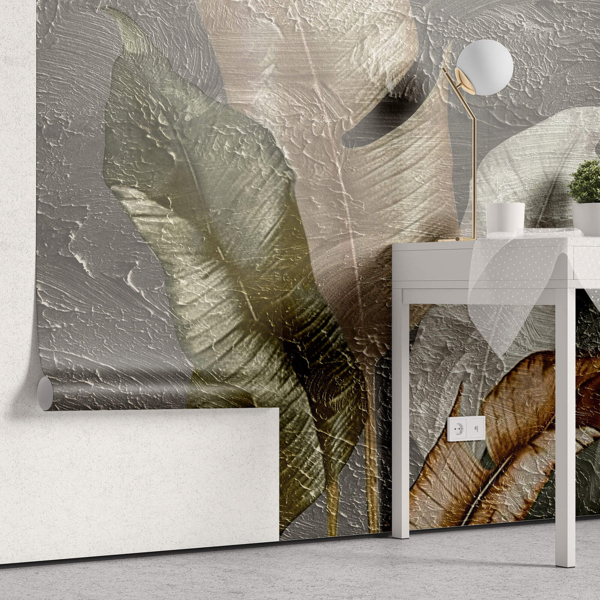 Tapet Personalizat Leaf cu pene colorate pe un fundal texturat stucco - STUCCO FEATHERS UP